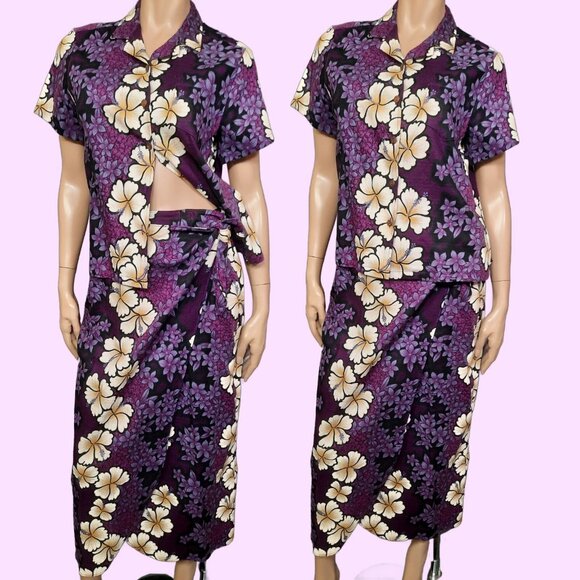 Vintage Hilo Hattie Maxi Wrap skirt Blouse Set Womens M Purple Hibiscus Print - Picture 1 of 10